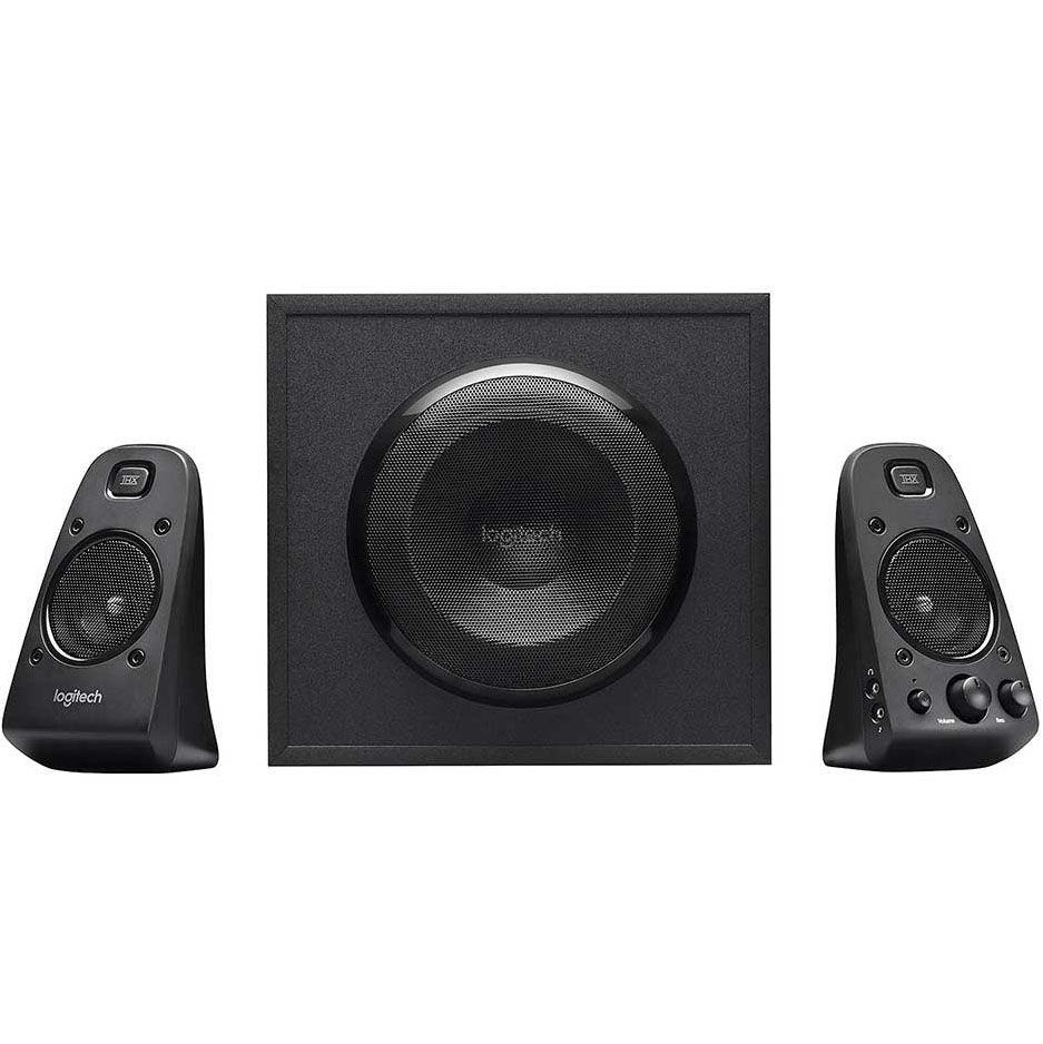 Colunas Logitech pretas com subwoofer e colunas satélite