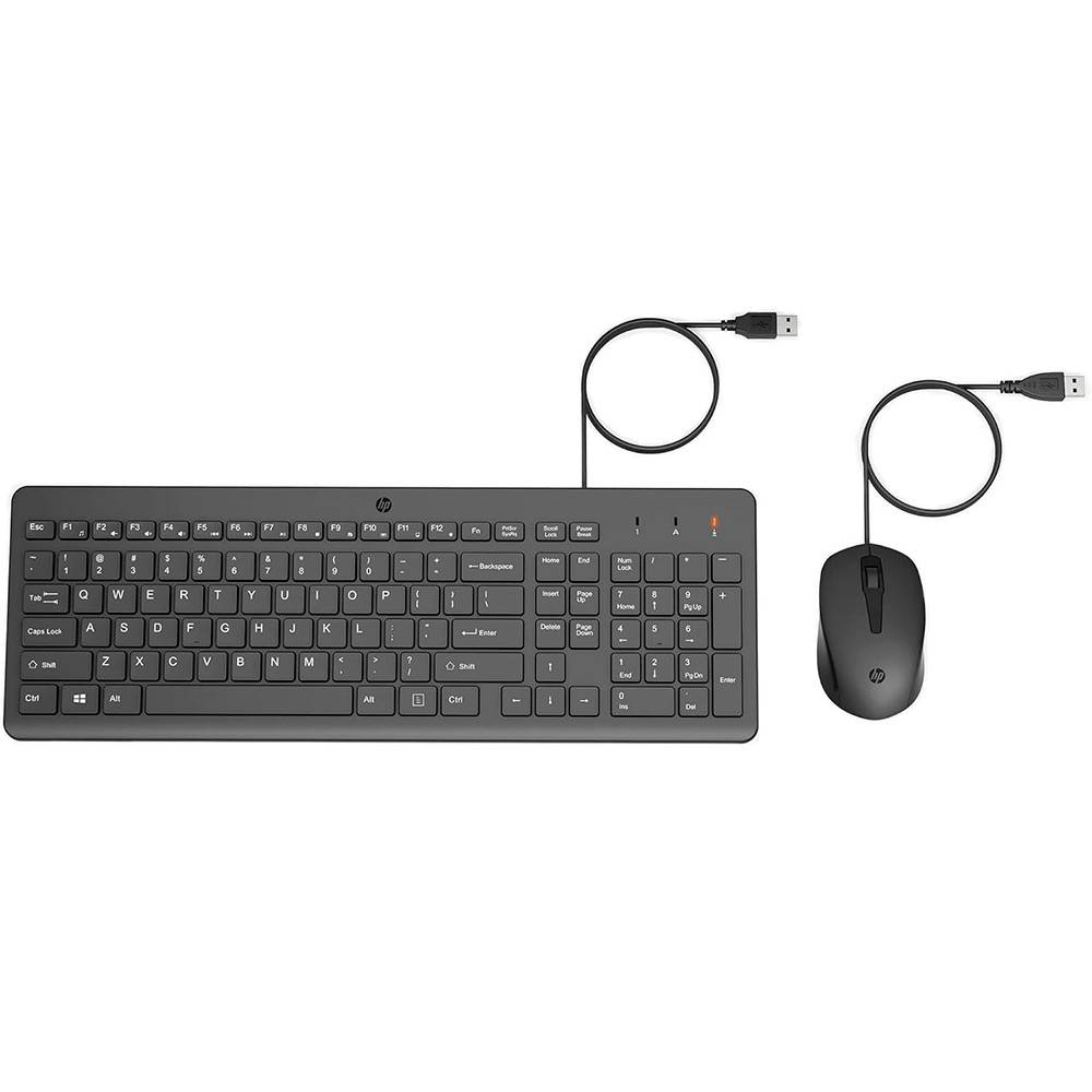 Teclado e rato HP preto com fio e conetores USB.