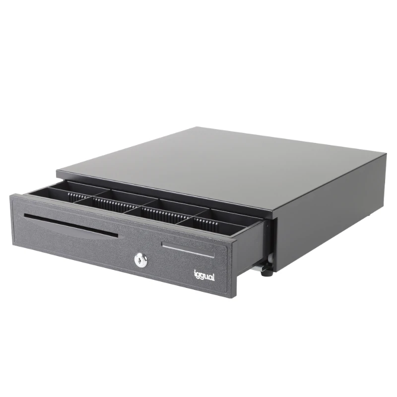 gaveta de dinheiro metálica preta com divisórias internas e fechadura