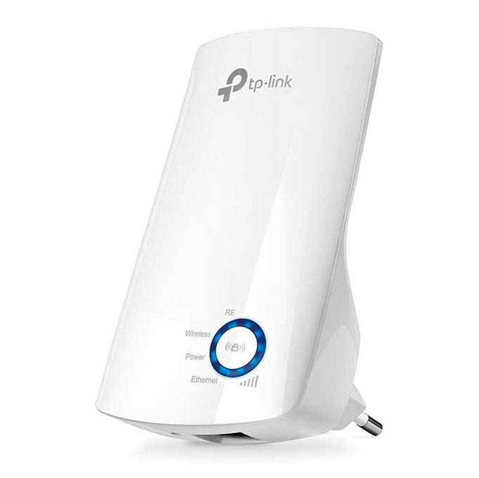 Extensor de rede sem fios TP-Link branco com indicadores LED azuis