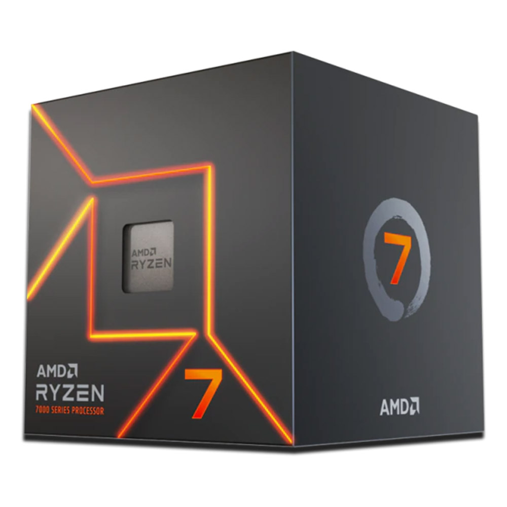 Embalagem preta do processador AMD Ryzen 7 com linhas laranja neon e logotipos AMD.