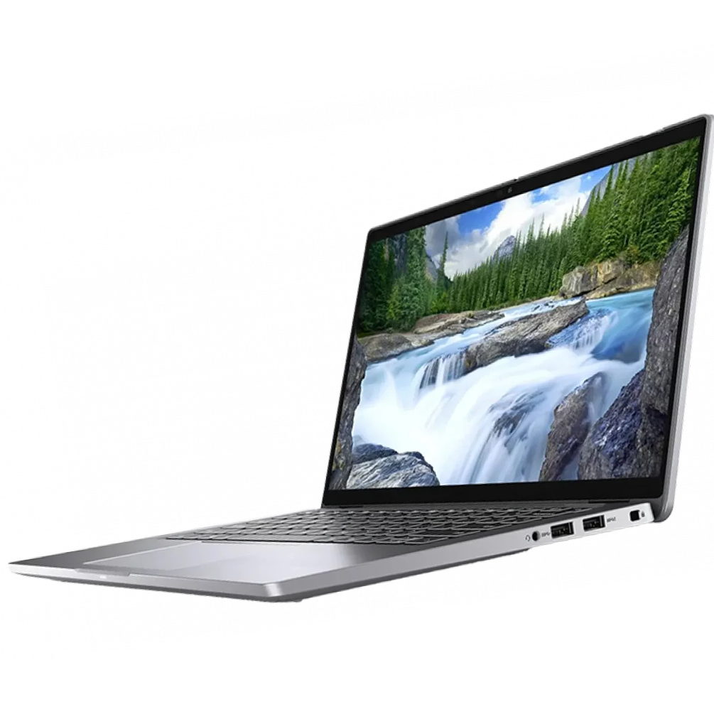 Computador portátil cinza aberto com imagem de cachoeira no ecrã