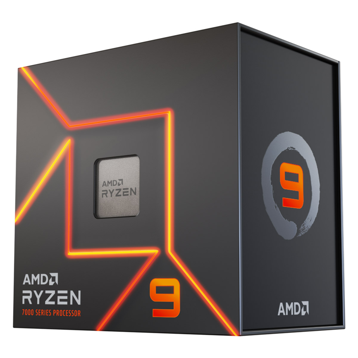 Caixa preta do processador AMD Ryzen 9 da série 7000 com detalhes em laranja.