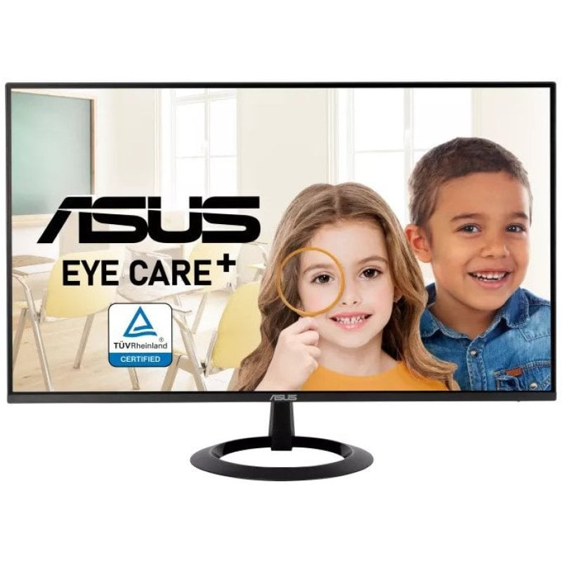 Monitor ASUS preto a mostrar imagem de duas crianças e texto ASUS EYE CARE+