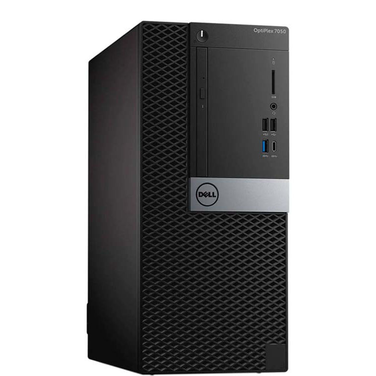 Computador desktop Dell OptiPlex 7050 preto com painel frontal texturizado e várias portas USB