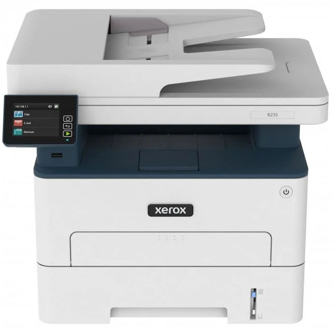 Impressora multifunções Xerox B235 branca e azul com ecrã tátil e botão frontal
