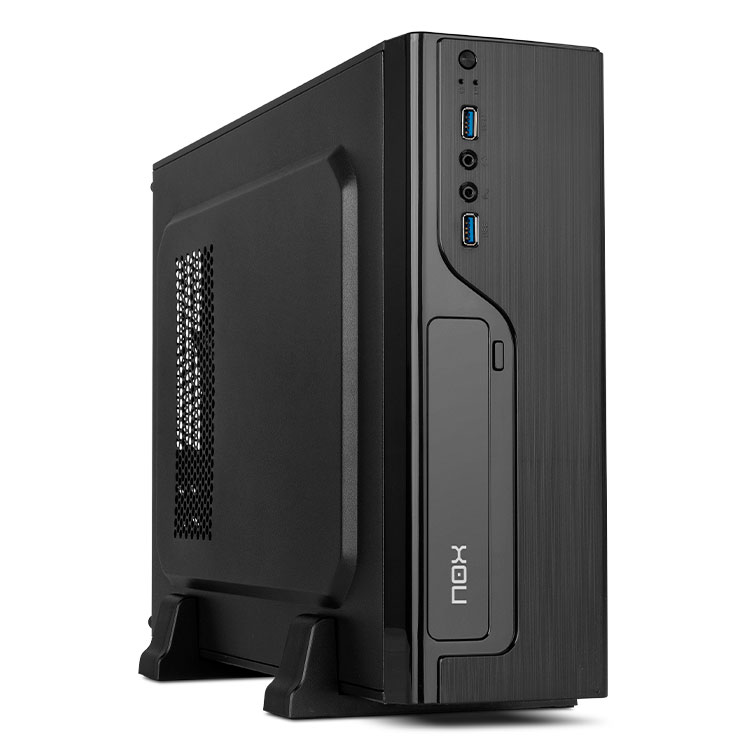 Computador torre preto NOX com portas USB e áudio