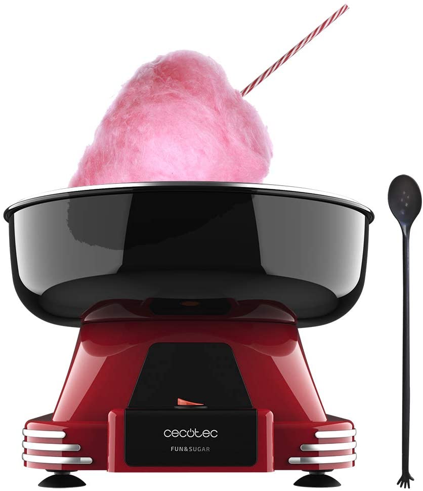 Máquina de algodão doce vermelho e preto com pau listrado e colher preta