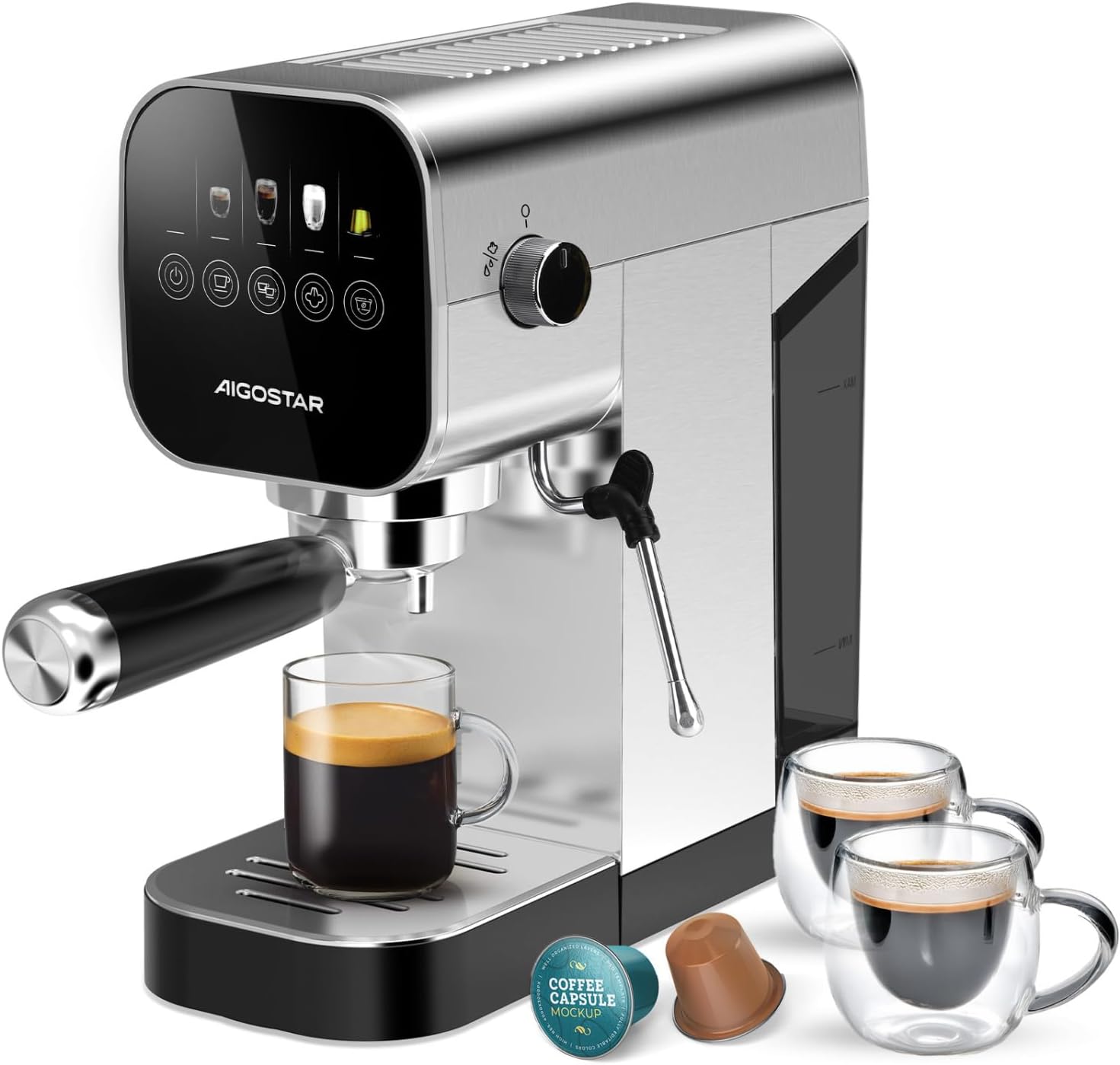Máquina de café expresso Aigostar com copos de vidro e cápsulas