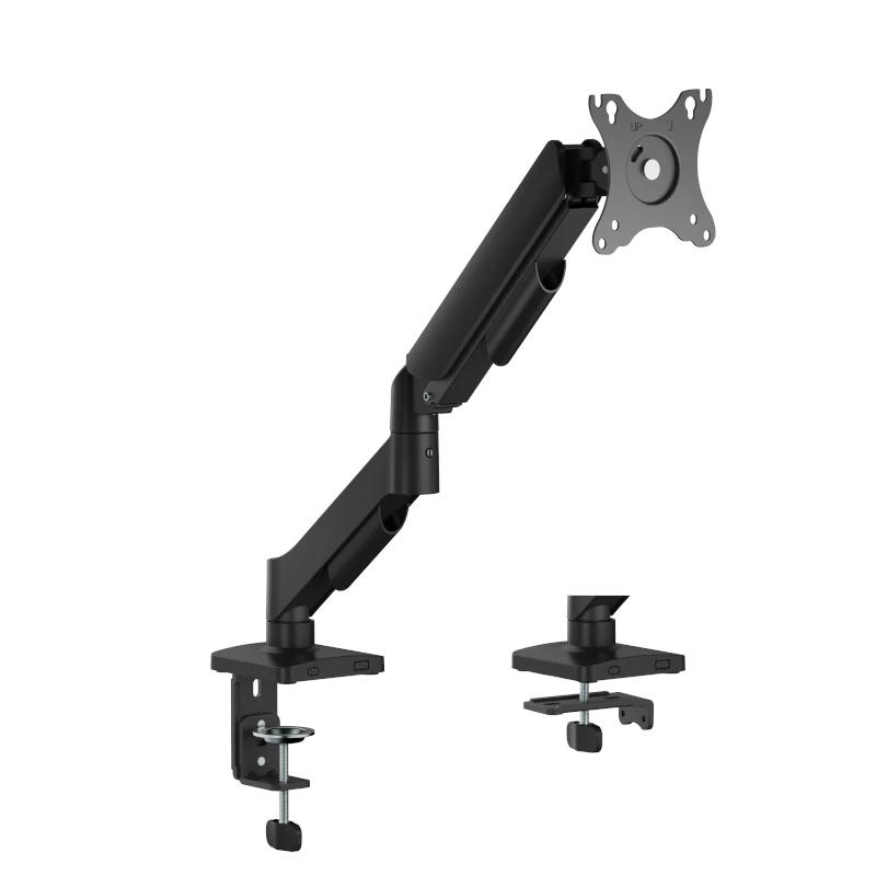 Suporte de monitor preto com grampo para secretária e braço articulado.