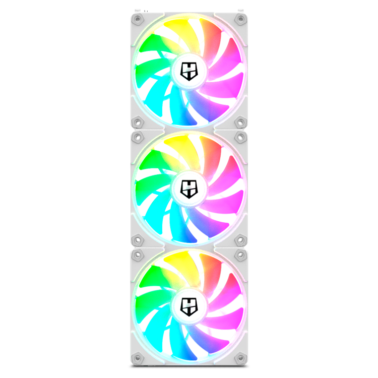 Três ventoinhas de computador brancas com iluminação LED colorida