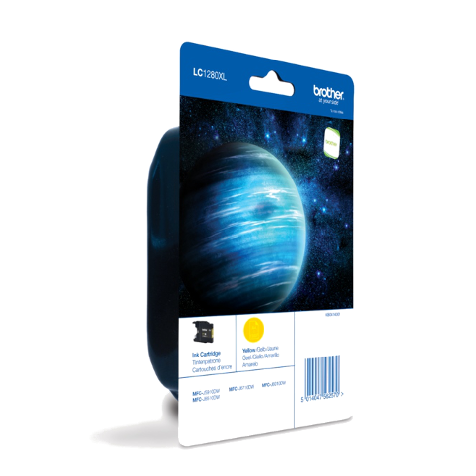 Embalagem de cartucho de tinta Brother LC1280XL com imagem de planeta azul e fundo espacial