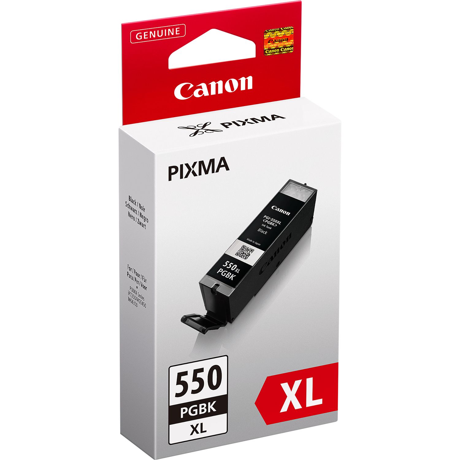 Cartucho de tinta preto Canon PIXMA modelo PGI-550XL em embalagem branca e vermelha