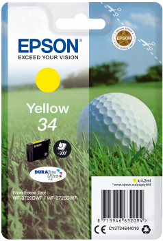 Cartucho de tinta Epson amarelo 34 para impressora em embalagem com imagem de bola de golfe no campo.