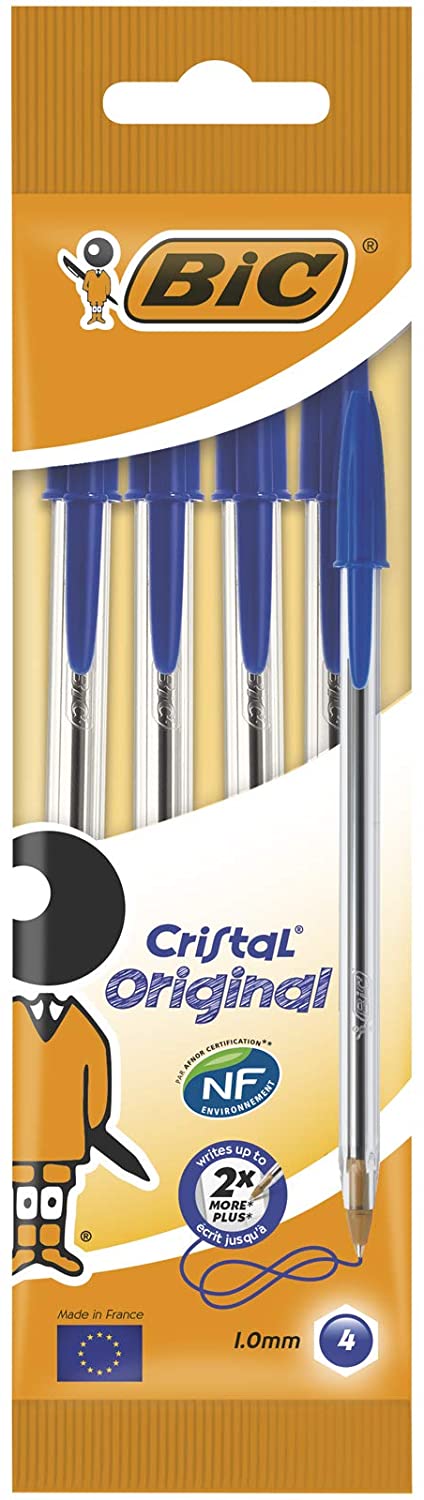 Embalagem de 4 esferográficas Bic Cristal Original com corpo transparente e tampa azul