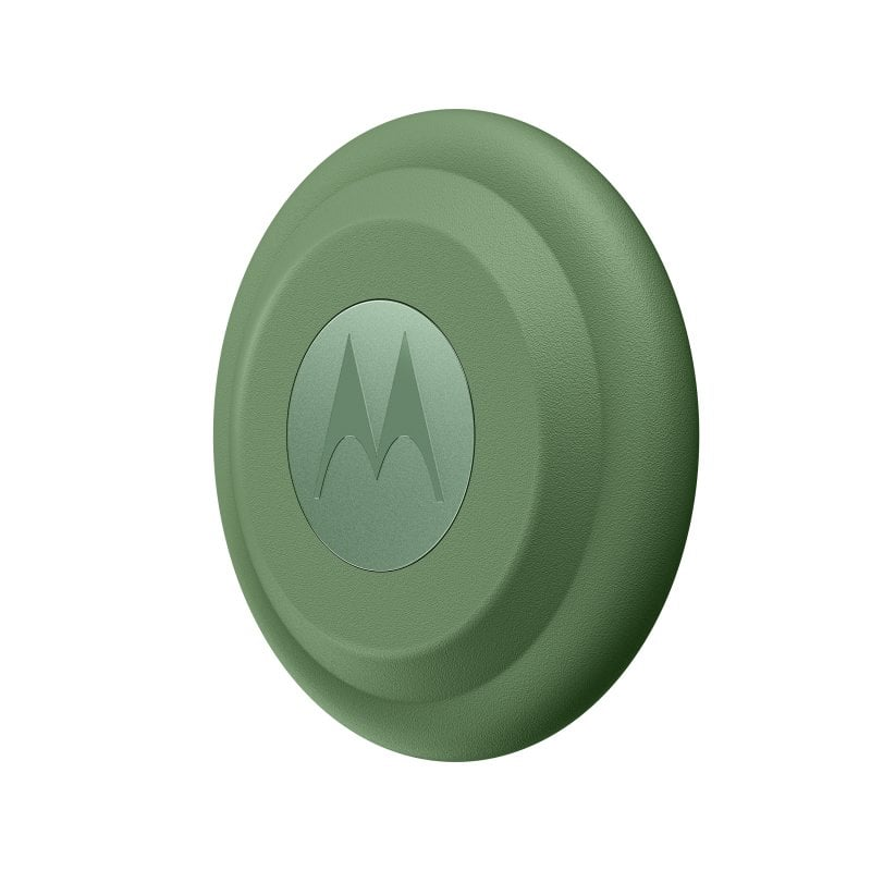 Dispositivo redondo verde com logótipo Motorola no centro
