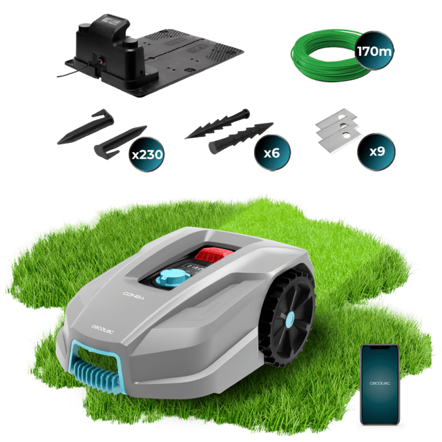 Robô cortador de relva cinza com acessórios e smartphone