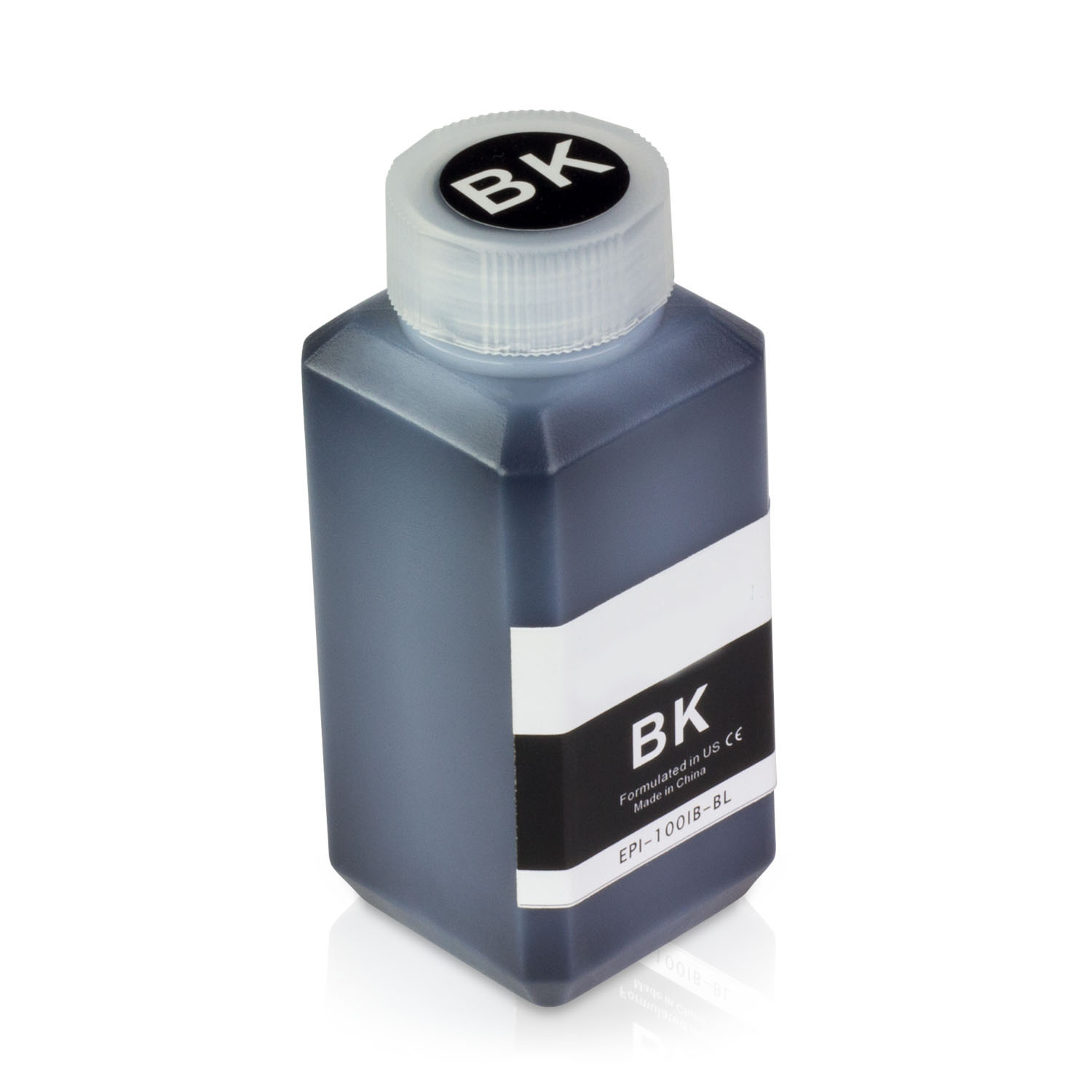 Frasco de tinta preta para impressora com rótulo preto e branco