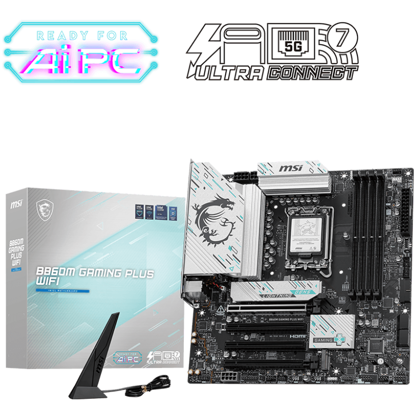 Placa-mãe MSI B660M GAMING PLUS WIFI, antena WiFi e caixa