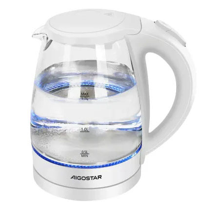 Chaleira elétrica de vidro transparente com base e alça branca, luz azul e marca AIGOSTAR.
