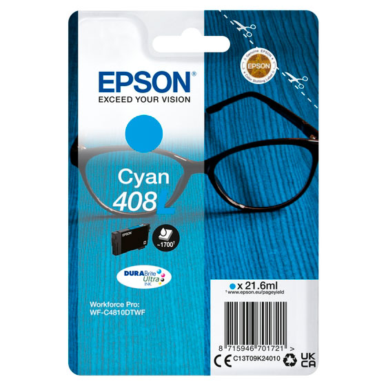 Embalagem de tinta Epson Cyan 408 para impressora Workforce Pro sobre fundo azul com óculos escuros