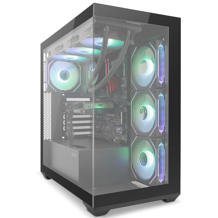 Computador desktop com caixa de vidro e ventoinhas LED coloridas