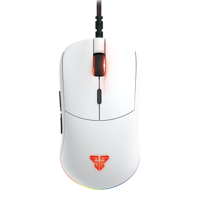 Rato gaming branco com iluminação vermelha e cabo preto