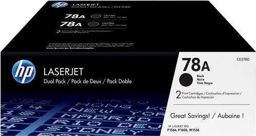 Caixa preta de toner HP LaserJet Dual Pack 78A com texto em várias línguas