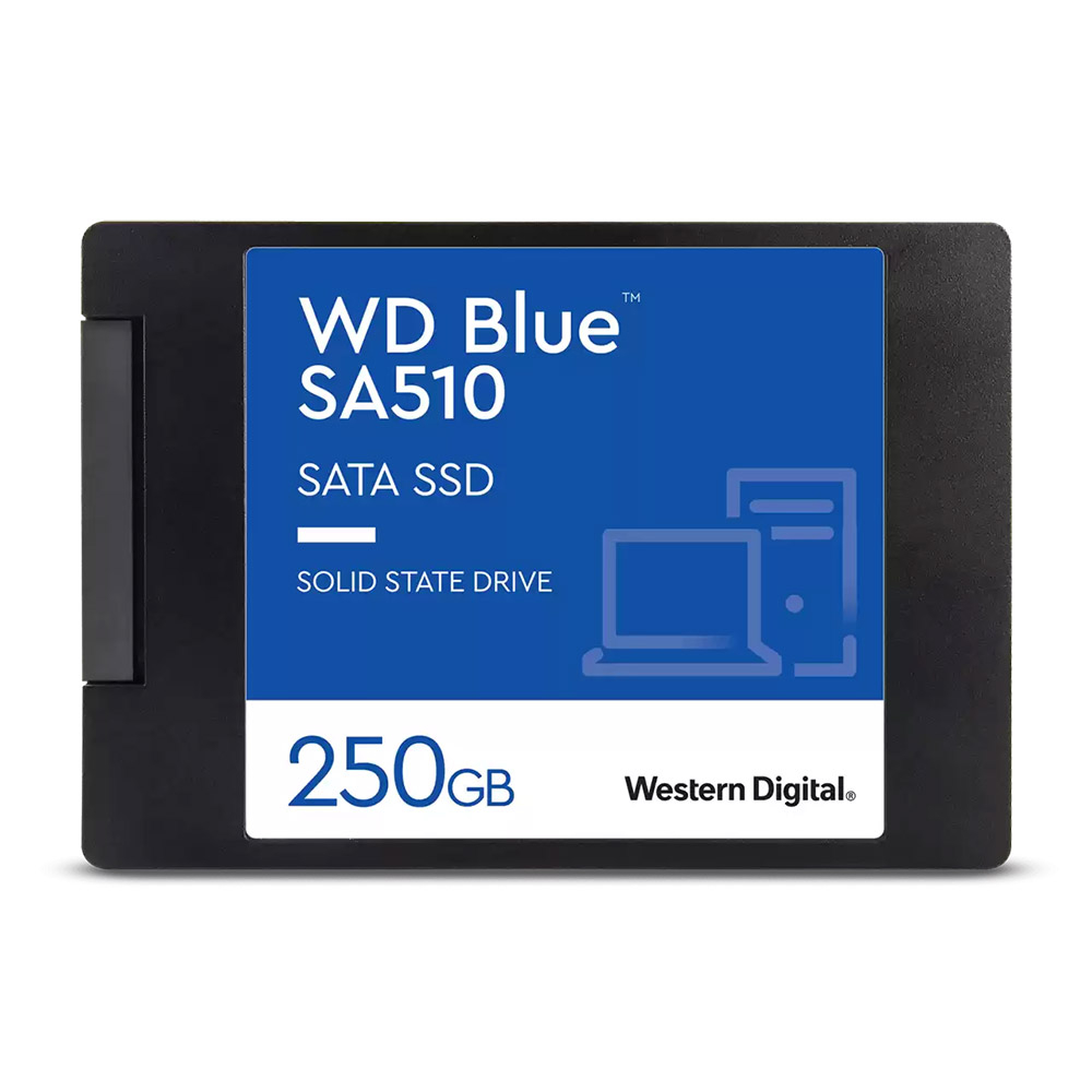 Disco SSD SATA WD Blue SA510 250GB preto com etiqueta azul e branca