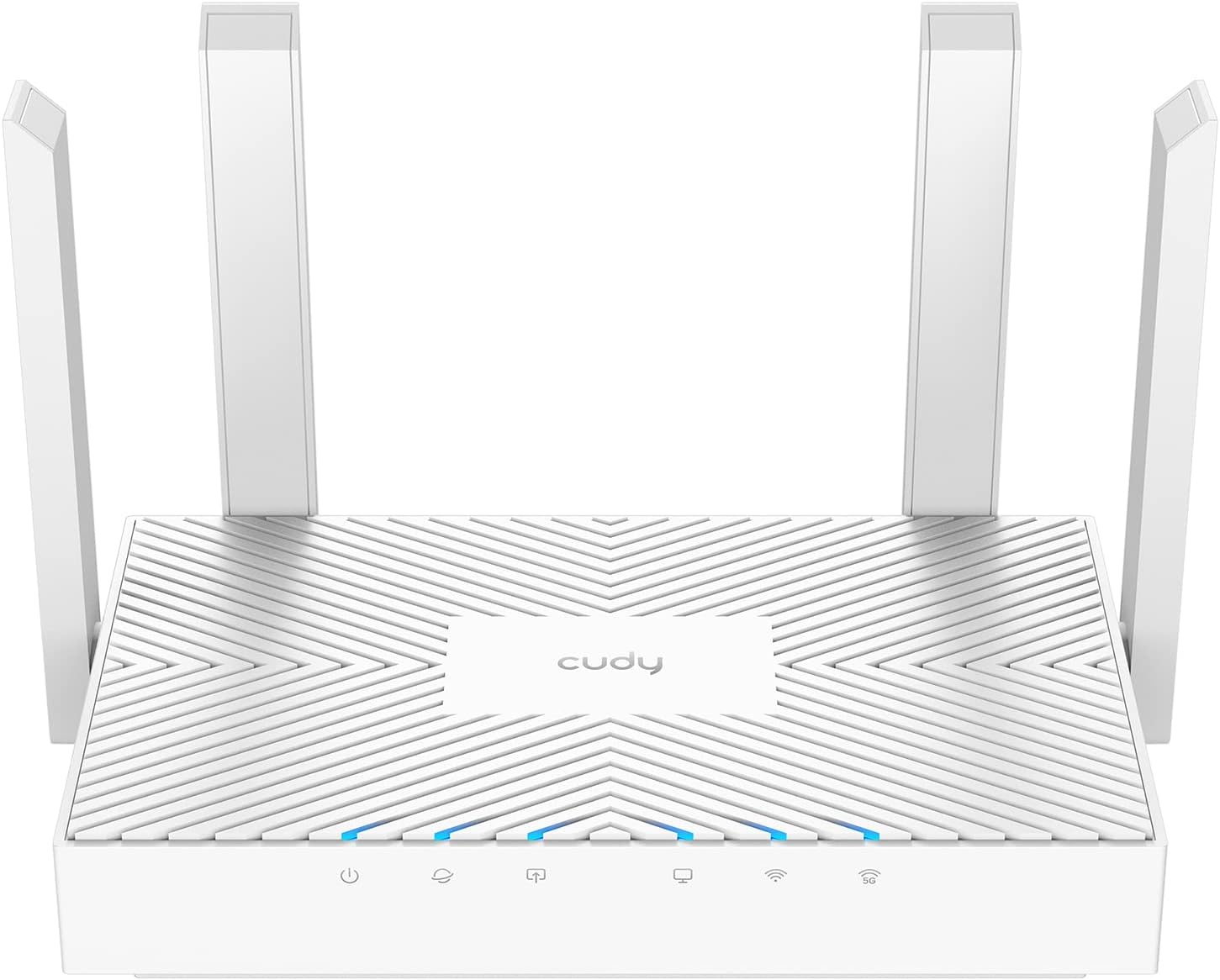 Router wireless branco da marca cudy com quatro antenas verticais e indicadores LED azuis