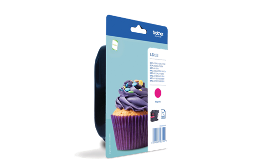 Embalagem azul de cartucho de tinta Brother LC980 com imagem de cupcake roxo