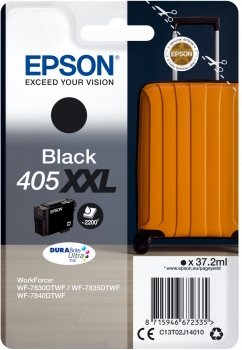 Cartucho de tinta Epson 405 XXL preto em embalagem com fundo cinzento e branco