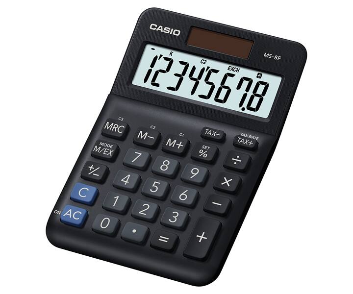 Calculadora preta CASIO MS-8F com números no visor e botões coloridos