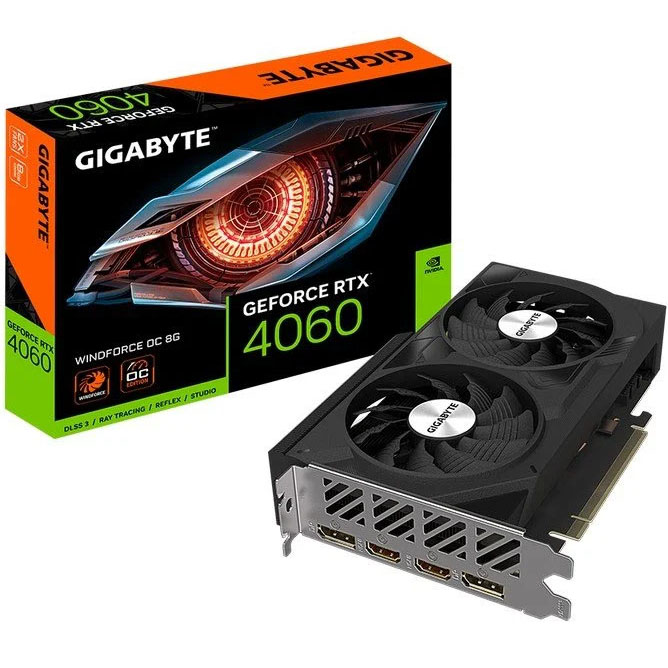 Placa gráfica GIGABYTE GeForce RTX 4060 Windforce OC 8G com dois ventiladores e embalagem