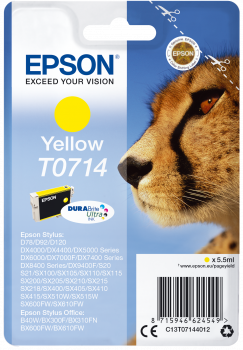 Cartucho de tinta Epson amarelo T0714 com imagem de guepardo em fundo azul