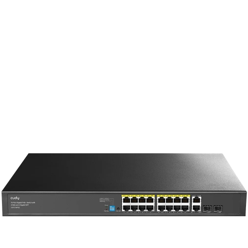 Switch de rede preto de 16 portas com indicadores LED e portas RJ45 e SFP