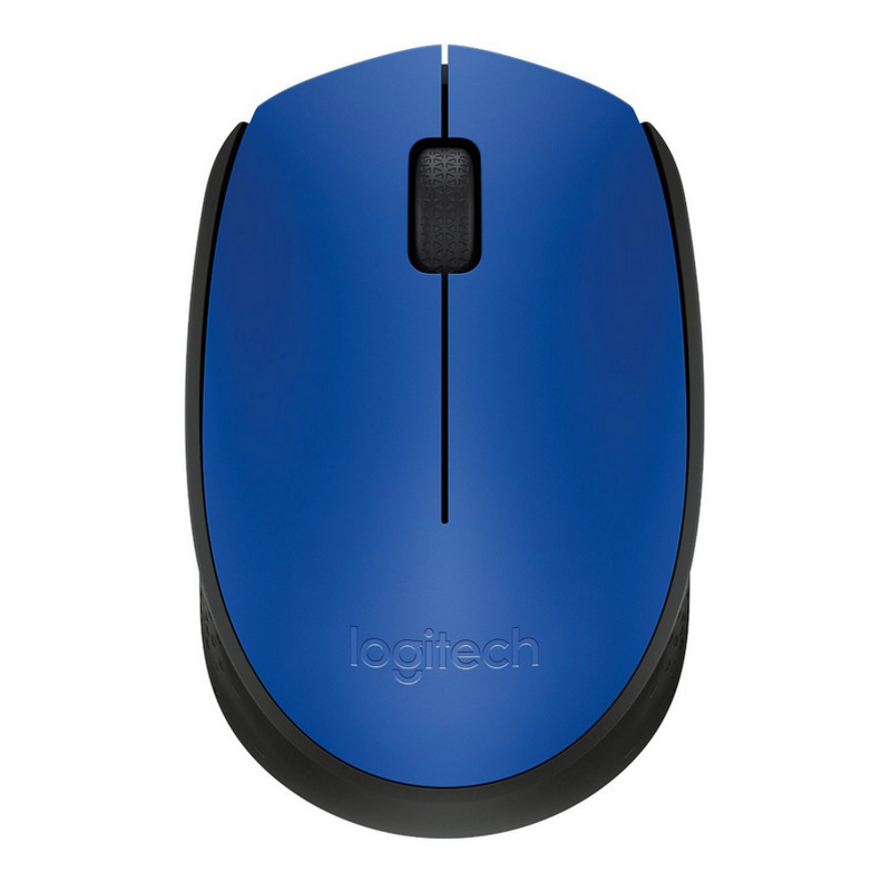 Rato de computador azul e preto da Logitech com roda de scroll.