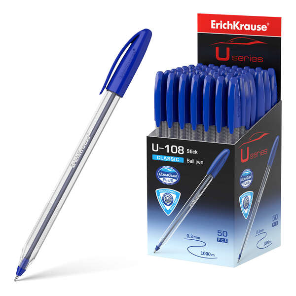 Caneta esferográfica azul ErichKrause U-108 Classic com caixa de 50 unidades