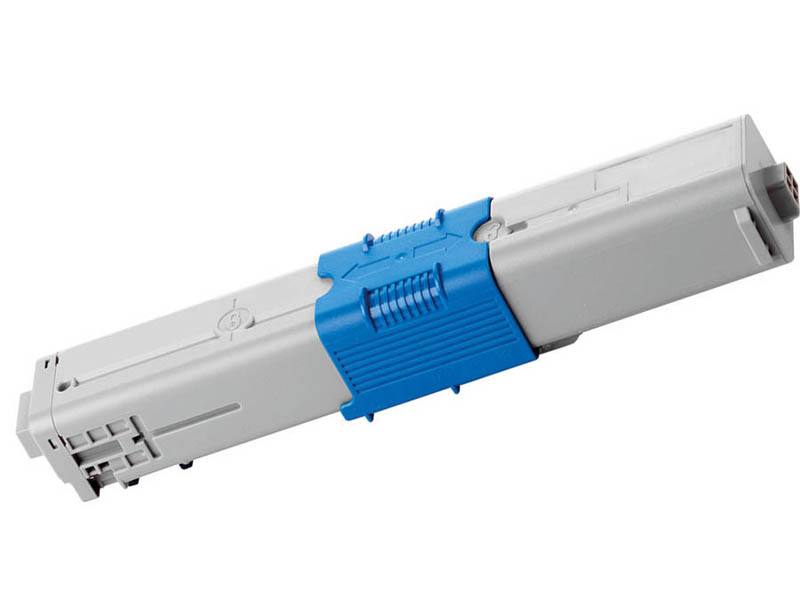 Cartucho de toner cinzento com parte azul em fundo branco