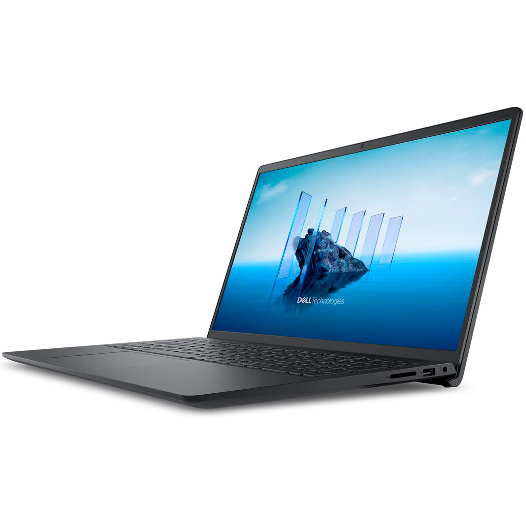 Computador portátil preto Dell aberto com ecrã azul e texto