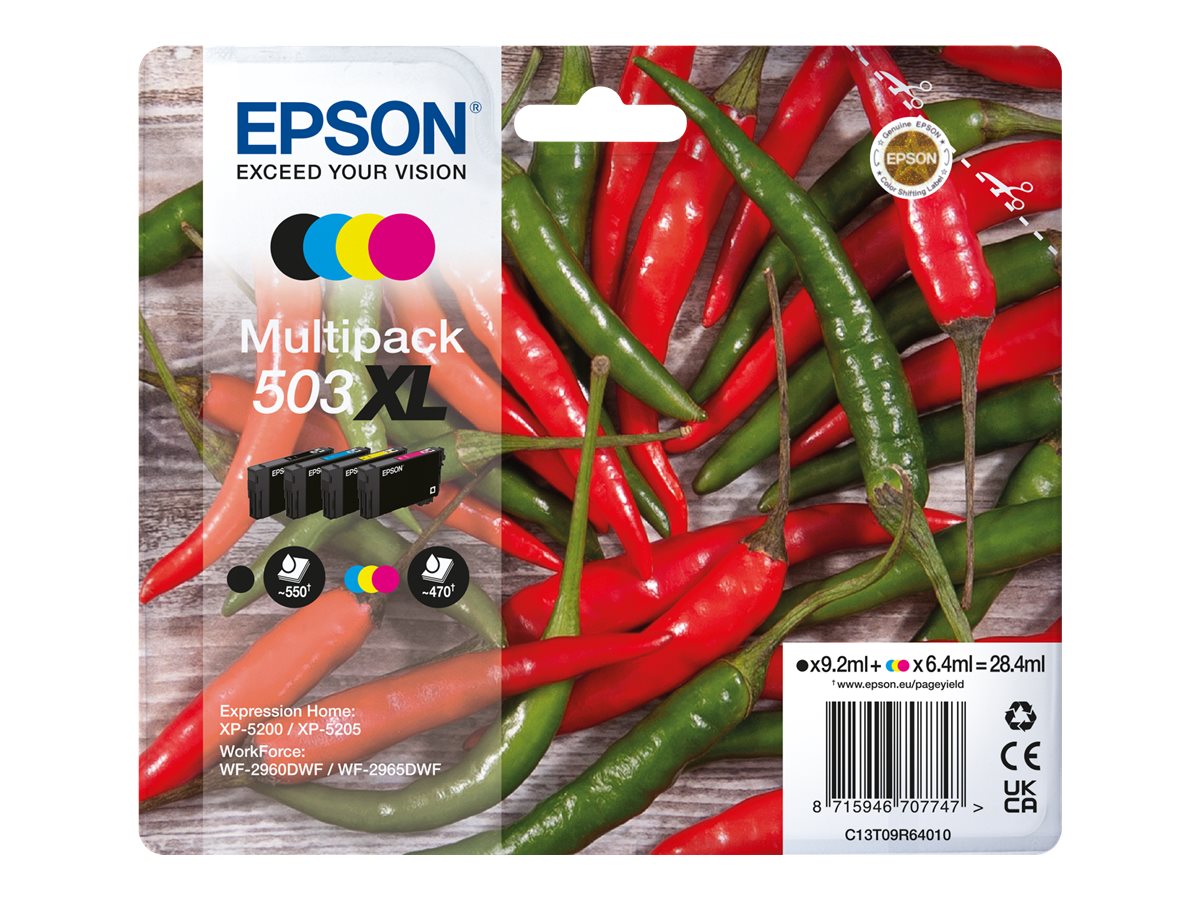 Embalagem de tinteiros Epson Multipack 503 XL com pimentos vermelhos e verdes ao fundo