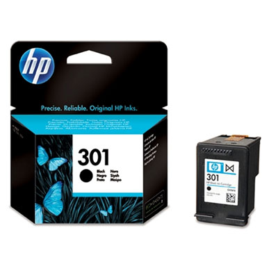 Cartucho de tinta HP 301 preto com embalagem preta e azul com imagem de borboleta