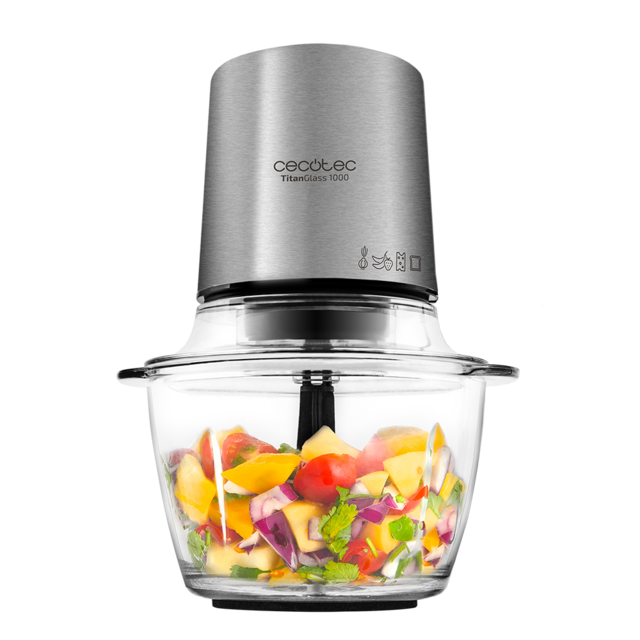 picadora de alimentos Cecotec TitanGlass 1000 com cuba de vidro cheio de legumes coloridos