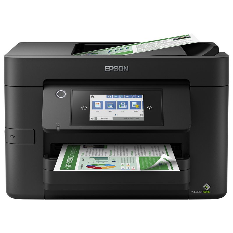 Impressora Epson preta com ecrã tátil a cores a imprimir documentos