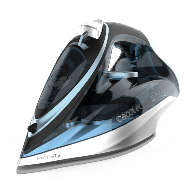 Ferro de engomar preto, azul e branco com ponta de precisão
