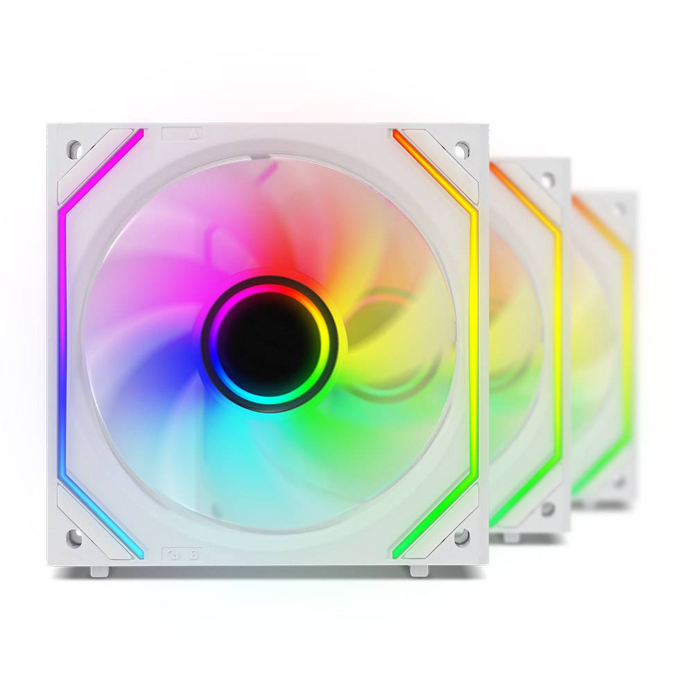 Ventoinhas para computador com iluminação RGB colorida e estrutura branca