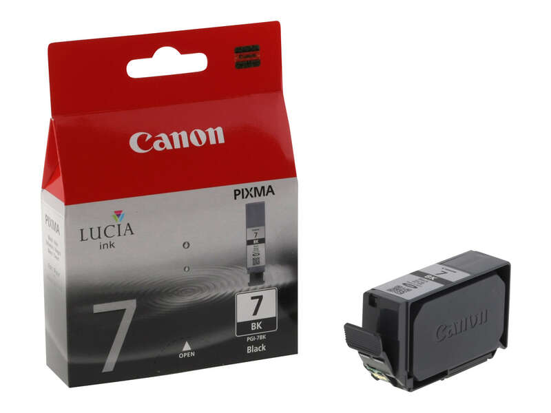 Cartucho de tinta Canon PIXMA preto modelo 7 BK com caixa vermelha e cinza