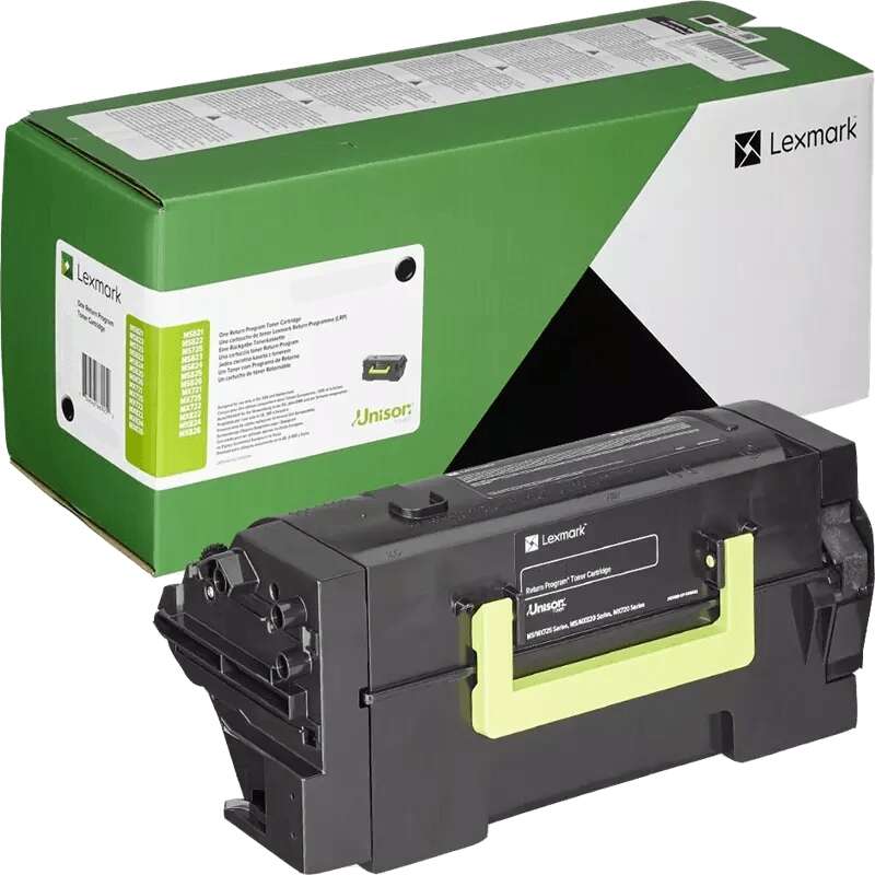 Caixa e toner Lexmark preto com etiquetas e alça amarela