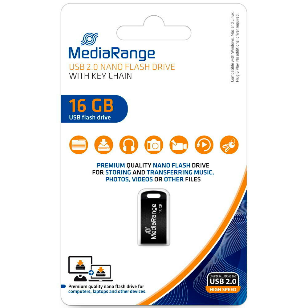 Pen USB MediaRange 16GB preto com embalagem branca azul e laranja
