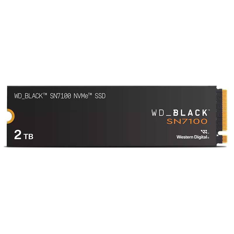 SSD NVMe preto WD_BLACK SN7100 2TB com texto branco e laranja